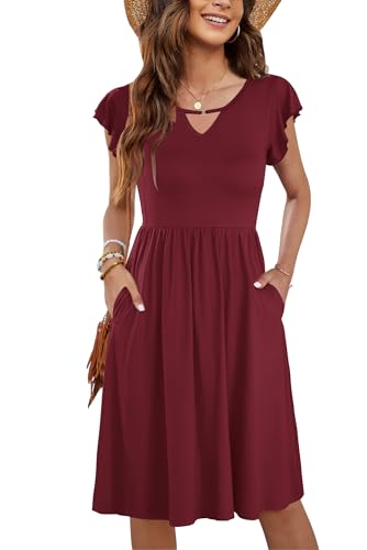 PLOKNRD Damen Sommerkleid Kurzarm V-Ausschnitt Blumenkleid Rüschen Ärmel Freizeitkleid Knielang mit Taschen (Burgundy,S) von PLOKNRD