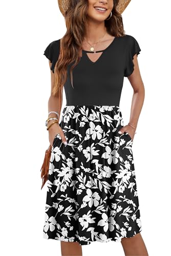PLOKNRD Damen Sommerkleid Kurzarm V-Ausschnitt Blumenkleid Rüschen Ärmel Freizeitkleid Knielang mit Taschen (Floral Schwarz Weiß,M) von PLOKNRD
