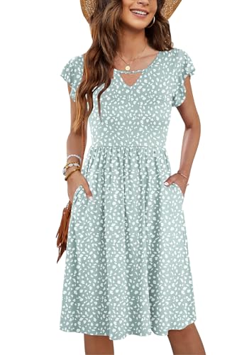 PLOKNRD Damen Sommerkleid Kurzarm V-Ausschnitt Blumenkleid Rüschen Ärmel Freizeitkleid Knielang mit Taschen (Grüner Fleck,S) von PLOKNRD