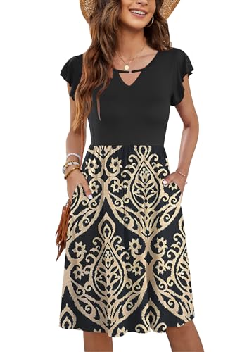 PLOKNRD Damen Sommerkleid Kurzarm V-Ausschnitt Blumenkleid Rüschen Ärmel Freizeitkleid Knielang mit Taschen (Khaki Schwarz,M) von PLOKNRD