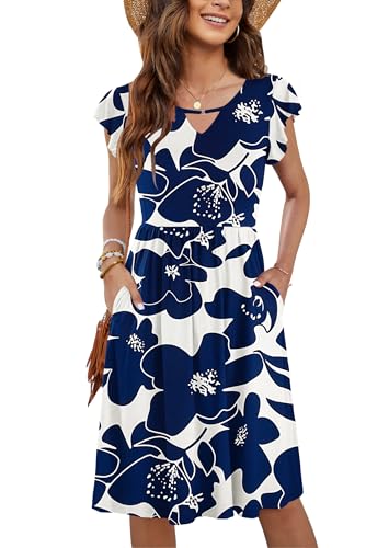 PLOKNRD Damen Sommerkleid Kurzarm V-Ausschnitt Blumenkleid Rüschen Ärmel Freizeitkleid Knielang mit Taschen (Marineblau Blume,M) von PLOKNRD