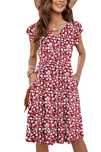 PLOKNRD Damen Sommerkleid Kurzarm V-Ausschnitt Blumenkleid Rüschen Ärmel Freizeitkleid Knielang mit Taschen (Rote Blumen,XL) von PLOKNRD