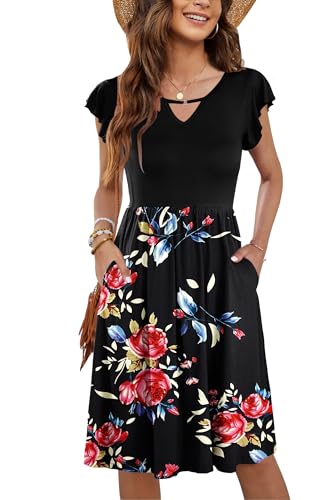 PLOKNRD Damen Sommerkleid Kurzarm V-Ausschnitt Blumenkleid Rüschen Ärmel Freizeitkleid Knielang mit Taschen (Schwarze Rose Schwarz,L) von PLOKNRD