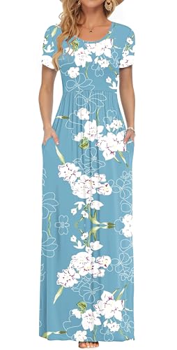 PLOKNRD Damen Sommerkleider Lang Maxikleid Elegant Freizeitkleid mit Taschen L Blumen Hellblau von PLOKNRD