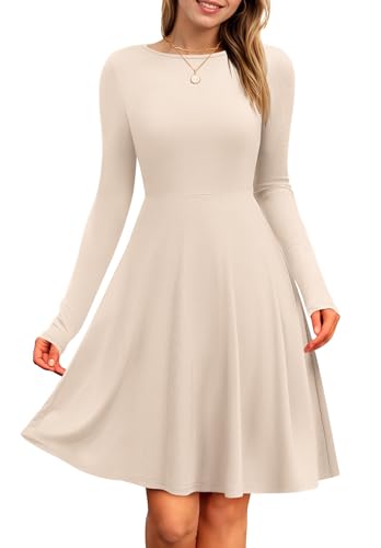 PLOKNRD Damen Strickkleid Herbst Langarm Kleider Elegant A-Linie Rundhalsausschnitt Freizeitkleid Winterkleid (Beige,M) von PLOKNRD