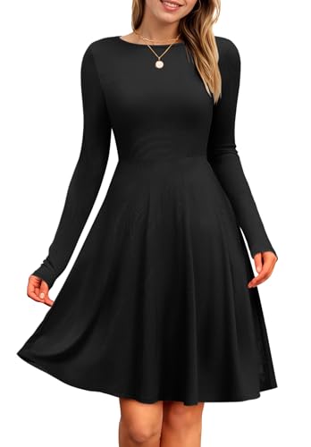 PLOKNRD Damen Strickkleid Herbst Langarm Kleider Elegant A-Linie Rundhalsausschnitt Freizeitkleid Winterkleid (Schwarz,XXL) von PLOKNRD