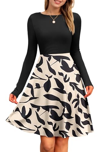 PLOKNRD Damen Strickkleid Herbst Winter Kurze Kleider Gerippte Rundhalsausschnitt Langarm Freizeitkleid (Schwarze Aprikose Blatt,M) von PLOKNRD