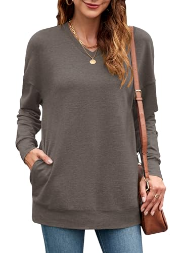 PLOKNRD Damen Sweatshirt Basic Langarmshirt Oversize V-Ausschnitt Pullover Langarm Casual Oberteile mit Taschen(Coffee L) von PLOKNRD