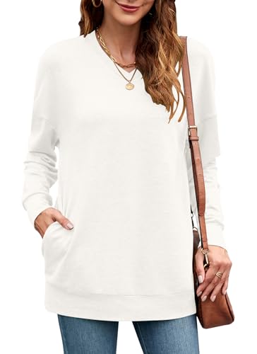 PLOKNRD Damen Sweatshirt Basic Langarmshirt Oversize V-Ausschnitt Pullover Langarm Casual Oberteile mit Taschen(Cremeweiß M) von PLOKNRD