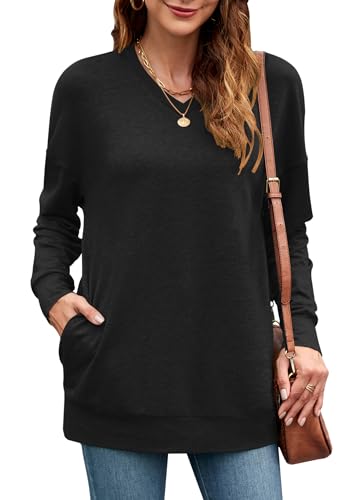 PLOKNRD Damen Sweatshirt Basic Langarmshirt Oversize V-Ausschnitt Pullover Langarm Casual Oberteile mit Taschen(Schwarz S) von PLOKNRD