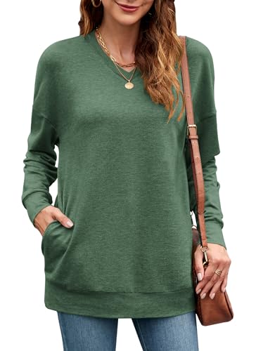 PLOKNRD Damen Sweatshirt Basic Langarmshirt Oversize V-Ausschnitt Pullover Langarm Casual Oberteile mit Taschen(Waldgrün S) von PLOKNRD