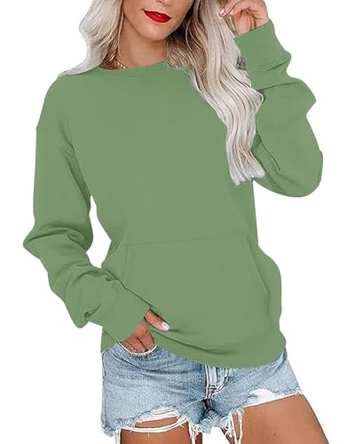PLOKNRD Damen Sweatshirt Basic Langarmshirt Rundhals Vielseitige Pulli Herbst Winter mit Taschen(Grün,M) von PLOKNRD