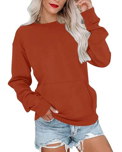 PLOKNRD Damen Sweatshirt Basic Langarmshirt Rundhals Vielseitige Pulli Herbst Winter mit Taschen(Karamell,M) von PLOKNRD