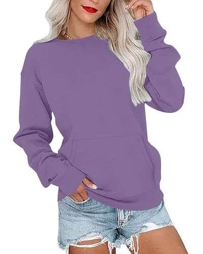 PLOKNRD Damen Sweatshirt Basic Langarmshirt Rundhals Vielseitige Pulli Herbst Winter mit Taschen(Lila,2XL) von PLOKNRD