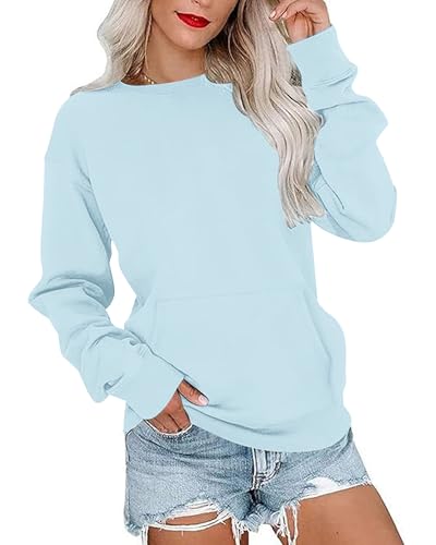 PLOKNRD Damen Sweatshirt Basic Langarmshirt Rundhals Vielseitige Pulli Herbst Winter mit Taschen(Minzblau,2XL) von PLOKNRD