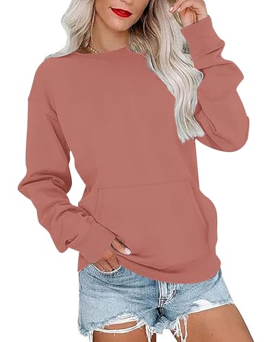 PLOKNRD Damen Sweatshirt Basic Langarmshirt Rundhals Vielseitige Pulli Herbst Winter mit Taschen(Orange Rosa,XL) von PLOKNRD