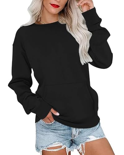 PLOKNRD Damen Sweatshirt Basic Langarmshirt Rundhals Vielseitige Pulli Herbst Winter mit Taschen(Schwarz,S) von PLOKNRD