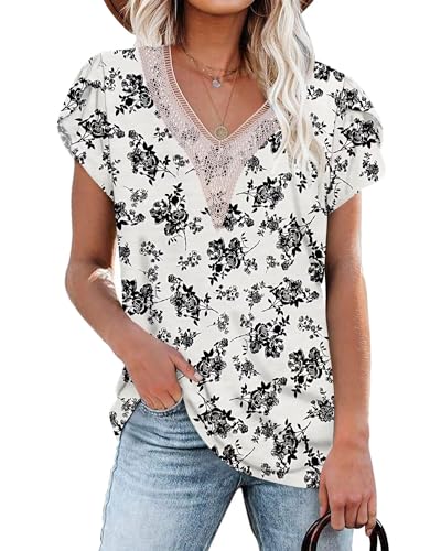 PLOKNRD Damen T-Shirt Elegant Spitze V-Ausschnitt Oberteile Blütenblatt Ärmel Kurzarm Bluse Sommer Locker Tops L Blumen Schwarze Weiß von PLOKNRD