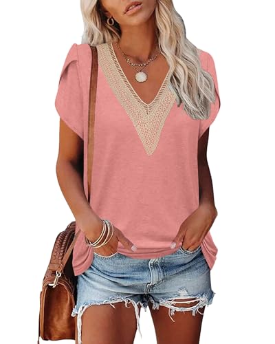 PLOKNRD Damen T-Shirt Elegant Spitze V-Ausschnitt Oberteile Blütenblatt Ärmel Kurzarm Bluse Sommer Locker Tops L Pink PLOKNRD Damen T-Shirt Elegant Spitze V-Ausschnitt Oberteile Blütenblatt Ärmel Kurzarm Bluse Sommer Locker Tops L Pink von PLOKNRD