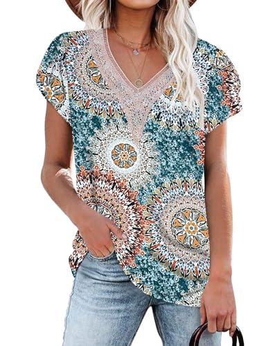 PLOKNRD Damen T-Shirt Elegant Spitze V-Ausschnitt Oberteile Blütenblatt Ärmel Kurzarm Bluse Sommer Locker Tops M Druckengrün von PLOKNRD