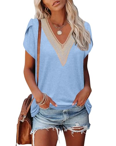 PLOKNRD Damen T-Shirt Elegant Spitze V-Ausschnitt Oberteile Blütenblatt Ärmel Kurzarm Bluse Sommer Locker Tops M Himmelblau PLOKNRD Damen T-Shirt Elegant Spitze V-Ausschnitt Oberteile Blütenblatt Ärmel Kurzarm Bluse Sommer Locker Tops M Himmelblau von PLOKNRD