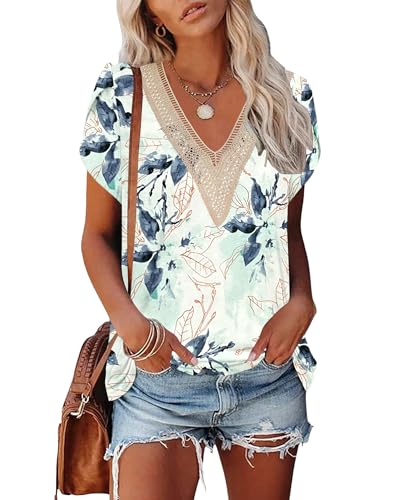 PLOKNRD Damen T-Shirt Elegant Spitze V-Ausschnitt Oberteile Blütenblatt Ärmel Kurzarm Bluse Sommer Locker Tops M Weiße Grüne Blume von PLOKNRD