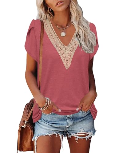 PLOKNRD Damen T-Shirt Elegant Spitze V-Ausschnitt Oberteile Blütenblatt Ärmel Kurzarm Bluse Sommer Locker Tops XL Korallenrot von PLOKNRD