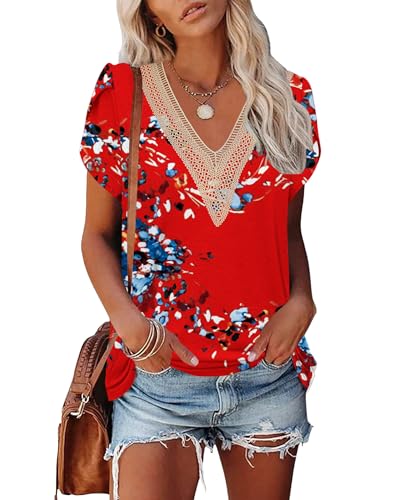 PLOKNRD Damen T-Shirt Elegant Spitze V-Ausschnitt Oberteile Blütenblatt Ärmel Kurzarm Bluse Sommer Locker Tops 2XL Blumen Blau-Rot von PLOKNRD