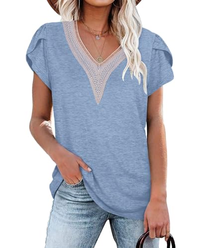 PLOKNRD Damen T-Shirt Elegant Spitze V-Ausschnitt Oberteile Blütenblatt Ärmel Kurzarm Bluse Sommer Locker Tops 2XL Himmelblau von PLOKNRD