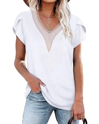 PLOKNRD Damen T-Shirt Elegant Spitze V-Ausschnitt Oberteile Blütenblatt Ärmel Kurzarm Bluse Sommer Locker Tops L Weiß von PLOKNRD