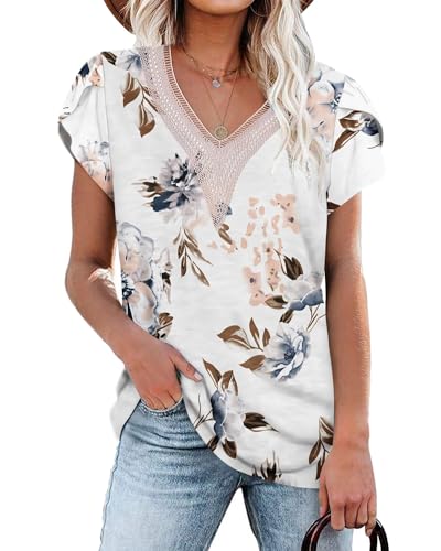 PLOKNRD Damen T-Shirt Elegant Spitze V-Ausschnitt Oberteile Blütenblatt Ärmel Kurzarm Bluse Sommer Locker Tops M Blumen Weiß von PLOKNRD