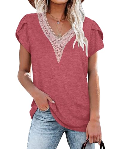 PLOKNRD Damen T-Shirt Elegant Spitze V-Ausschnitt Oberteile Blütenblatt Ärmel Kurzarm Bluse Sommer Locker Tops M Korallenrot von PLOKNRD