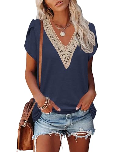 PLOKNRD Damen T-Shirt Elegant Spitze V-Ausschnitt Oberteile Blütenblatt Ärmel Kurzarm Bluse Sommer Locker Tops M Marineblau von PLOKNRD