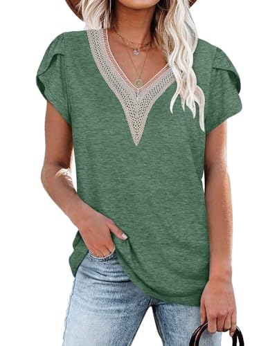 PLOKNRD Damen T-Shirt Elegant Spitze V-Ausschnitt Oberteile Blütenblatt Ärmel Kurzarm Bluse Sommer Locker Tops S Waldgrün von PLOKNRD