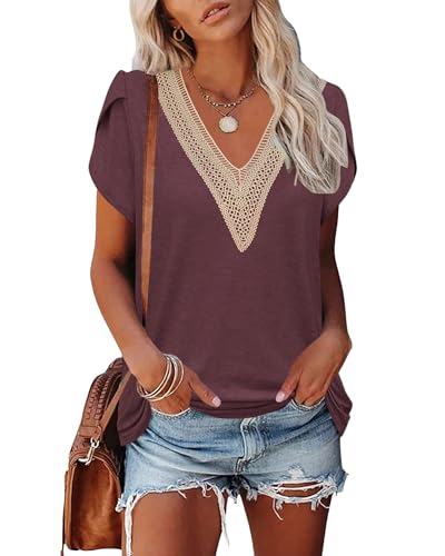 PLOKNRD Damen T-Shirt Elegant Spitze V-Ausschnitt Oberteile Blütenblatt Ärmel Kurzarm Bluse Sommer Locker Tops XL Weinrot von PLOKNRD