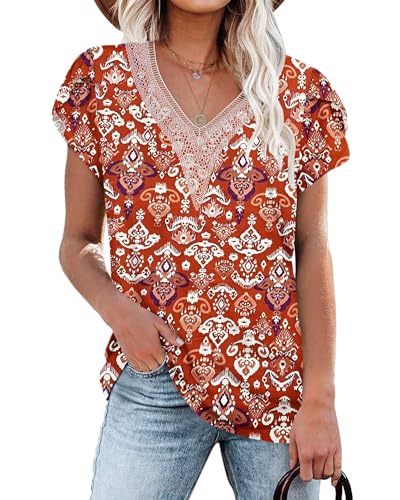 PLOKNRD Damen T-Shirt Elegant Spitze V-Ausschnitt Oberteile Blütenblatt Ärmel Kurzarm Bluse Sommer Locker Tops XL Ziegelrote Totemblume von PLOKNRD