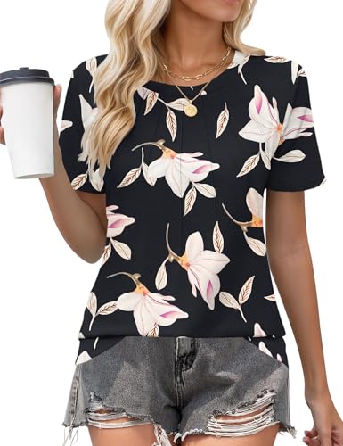 PLOKNRD Damen T-Shirt Plissiert Rundhals lässig Tops Elegant Kurzarm Oberteile Prunkwinde Blumen L von PLOKNRD
