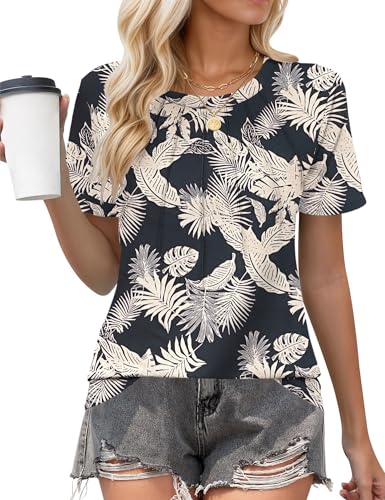 PLOKNRD Damen T-Shirt Plissiert Rundhals lässig Tops Elegant Kurzarm Oberteile Selva Blatt S von PLOKNRD