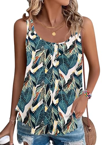 PLOKNRD Damen Tank Top Sommer Spaghetti Oberteile Ärmellose Rundhalsausschnitt Button Tops Bananenblatt L von PLOKNRD