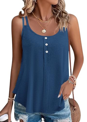 PLOKNRD Damen Tank Top Sommer Spaghetti Oberteile Ärmellose Rundhalsausschnitt Button Tops Blau XXL von PLOKNRD