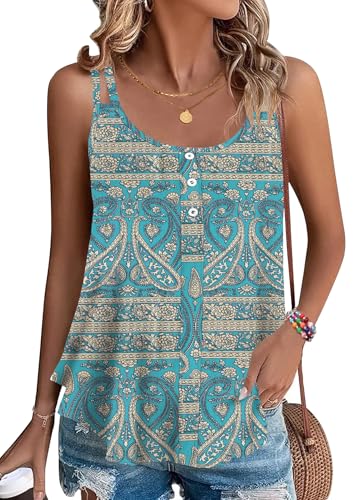 PLOKNRD Damen Tank Top Sommer Spaghetti Oberteile Ärmellose Rundhalsausschnitt Button Tops Boho Floral Green S von PLOKNRD