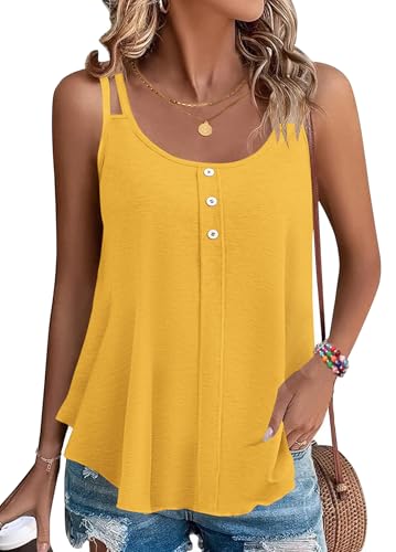 PLOKNRD Damen Tank Top Sommer Spaghetti Oberteile Ärmellose Rundhalsausschnitt Button Tops Knallgelb S von PLOKNRD