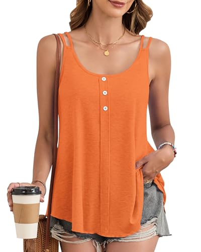 PLOKNRD Damen Tank Top Sommer Spaghetti Oberteile Ärmellose Rundhalsausschnitt Button Tops Orange S von PLOKNRD