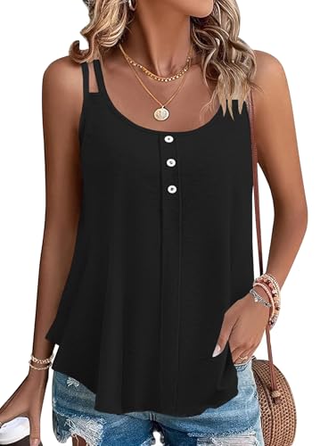 PLOKNRD Damen Tank Top Sommer Spaghetti Oberteile Ärmellose Rundhalsausschnitt Button Tops Schwarz M von PLOKNRD