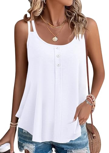 PLOKNRD Damen Tank Top Sommer Spaghetti Oberteile Ärmellose Rundhalsausschnitt Button Tops Weiß S von PLOKNRD