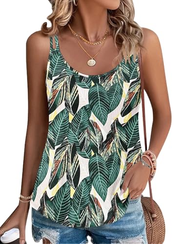 PLOKNRD Damen Tank Top Sommer Spaghetti Oberteile Ärmellose Rundhalsausschnitt Shirt Blusen Tops Blatt Print 2XL von PLOKNRD
