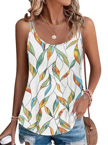 PLOKNRD Damen Tank Top Sommer Spaghetti Oberteile Ärmellose Rundhalsausschnitt Shirt Blusen Tops Bunte Blätter S von PLOKNRD