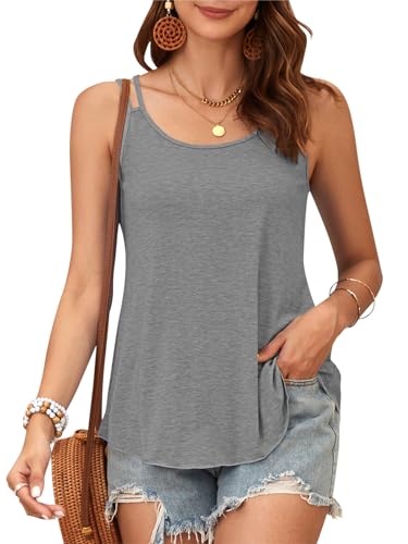 PLOKNRD Damen Tank Top Sommer Spaghetti Oberteile Ärmellose Rundhalsausschnitt Shirt Blusen Tops Grau 2XL von PLOKNRD