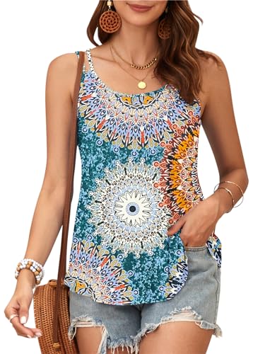 PLOKNRD Damen Tank Top Sommer Spaghetti Oberteile Ärmellose Rundhalsausschnitt Shirt Blusen Tops Grün Drucken M von PLOKNRD