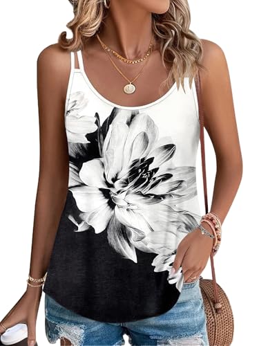 PLOKNRD Damen Tank Top Sommer Spaghetti Oberteile Ärmellose Rundhalsausschnitt Shirt Blusen Tops Schwarze weiße Blume XL von PLOKNRD